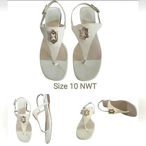 Chic 10 Casual Bohemian Ivory Leather T-Strap Slingback Thong Adjustable New